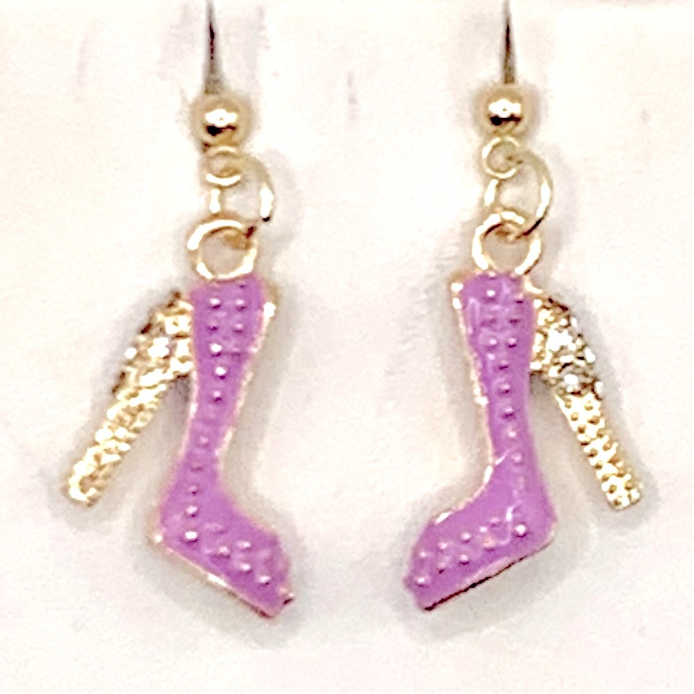 High Heels with Crystal Heels Purple & Gold Stud Dangle Earrings